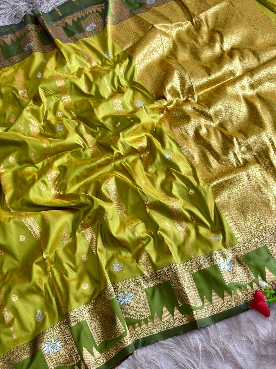 SA-5117 SOFT SILK FABRIC SAREE WITH CONTRAST ROYAL BLUE HEAVY DESIGNER ZARI BORDER WITH RICH ALL-OVER GOLD ZARI WOVEN PALLU WITH ELEGANT ZARI STRIPES WITH BUTTI WORK WITH BLOUSE