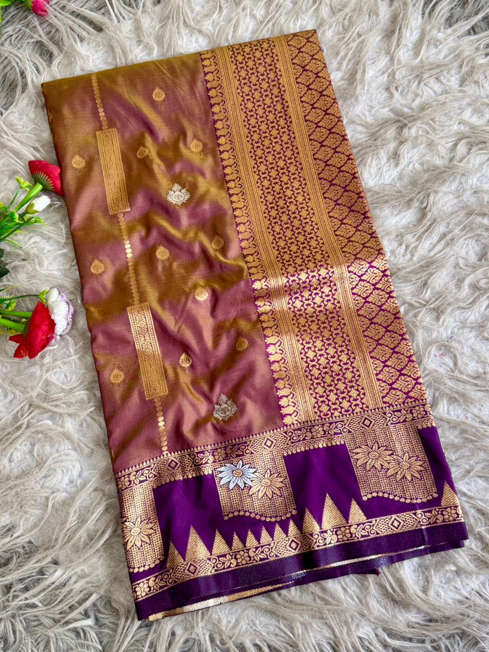 SA-5117 SOFT SILK FABRIC SAREE WITH CONTRAST ROYAL BLUE HEAVY DESIGNER ZARI BORDER WITH RICH ALL-OVER GOLD ZARI WOVEN PALLU WITH ELEGANT ZARI STRIPES WITH BUTTI WORK WITH BLOUSE