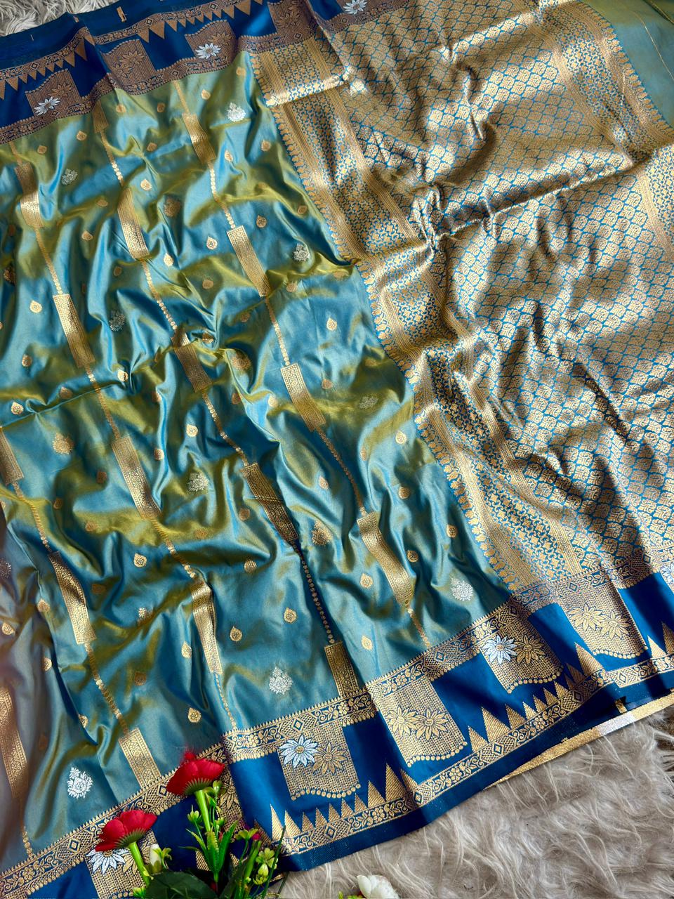 SA-5117 SOFT SILK FABRIC SAREE WITH CONTRAST ROYAL BLUE HEAVY DESIGNER ZARI BORDER WITH RICH ALL-OVER GOLD ZARI WOVEN PALLU WITH ELEGANT ZARI STRIPES WITH BUTTI WORK WITH BLOUSE