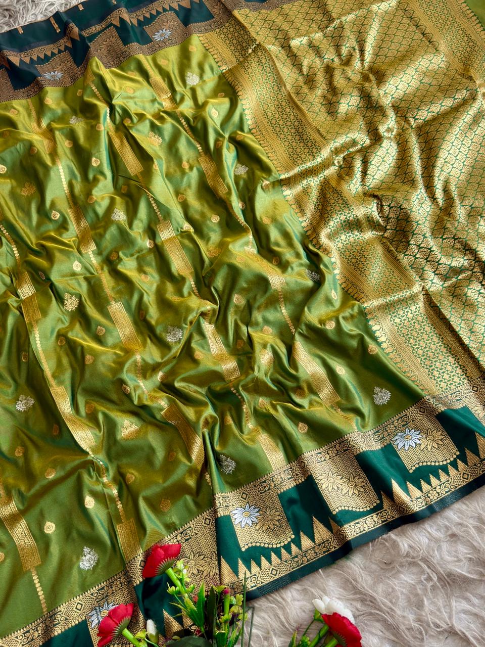 SA-5117 SOFT SILK FABRIC SAREE WITH CONTRAST ROYAL BLUE HEAVY DESIGNER ZARI BORDER WITH RICH ALL-OVER GOLD ZARI WOVEN PALLU WITH ELEGANT ZARI STRIPES WITH BUTTI WORK WITH BLOUSE