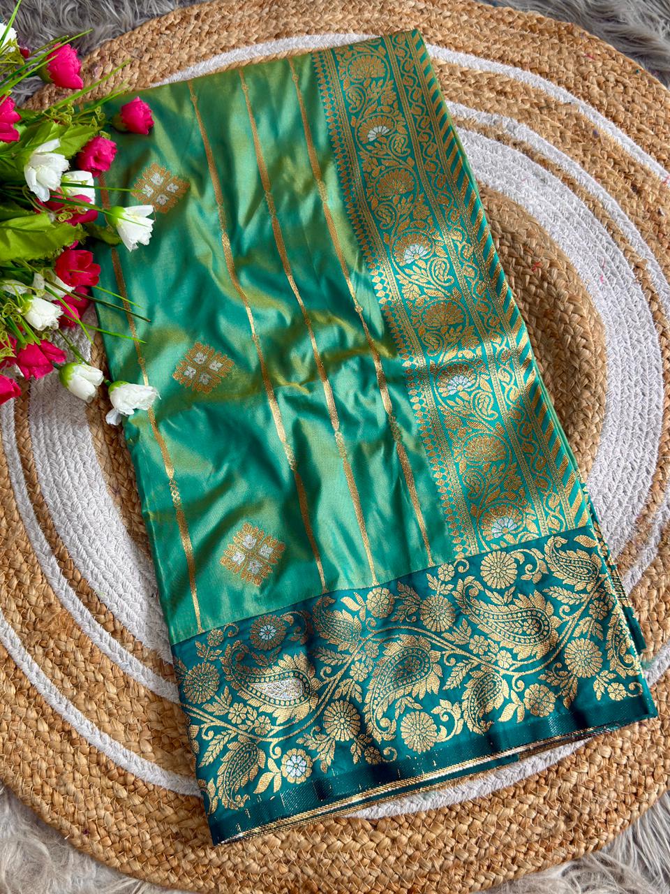 SA-5118 SOFT SILK FABRIC SAREE WITH RICH GOLD ZARI WOVEN WITH ELEGANT BUTTI WITH VERTICAL ZARI STRIPES AND HEAVY CONTRAST BLUE PAISLEY & FLORAL ZARI BORDER