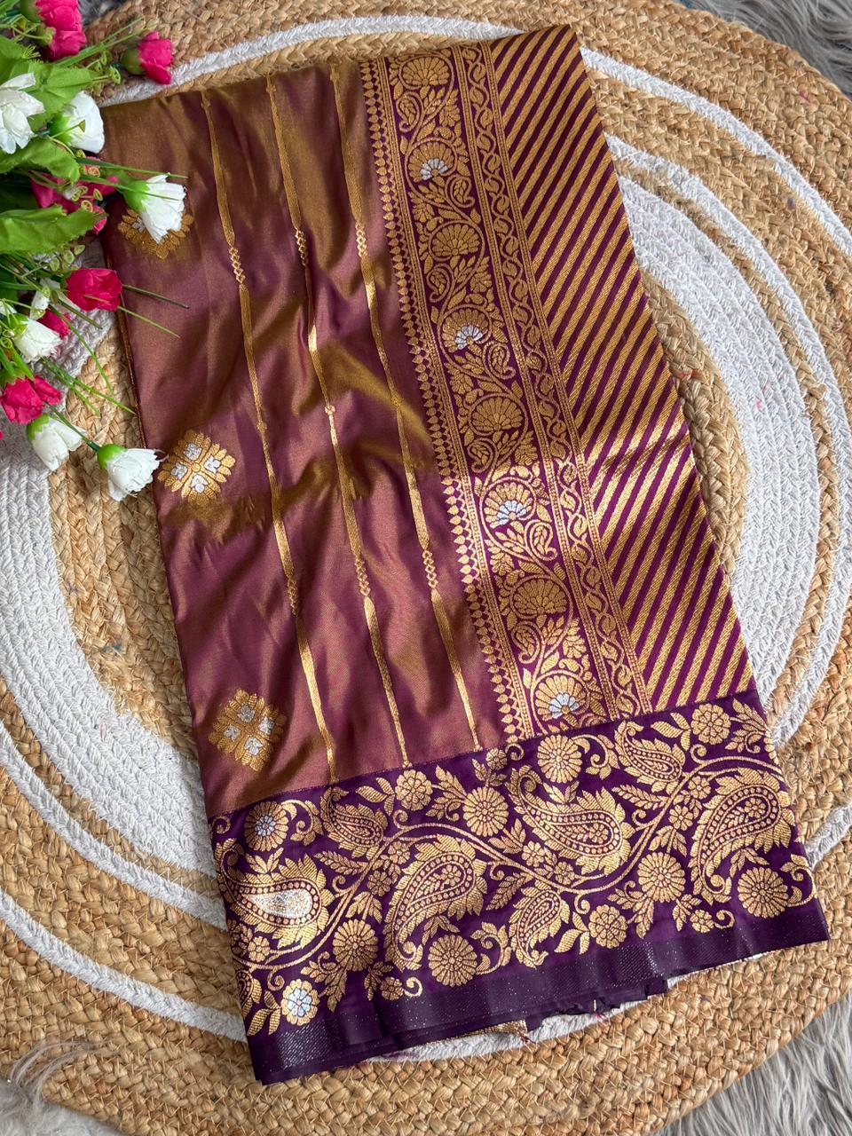 SA-5118 SOFT SILK FABRIC SAREE WITH RICH GOLD ZARI WOVEN WITH ELEGANT BUTTI WITH VERTICAL ZARI STRIPES AND HEAVY CONTRAST BLUE PAISLEY & FLORAL ZARI BORDER