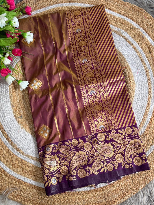 SA-5118 SOFT SILK FABRIC SAREE WITH RICH GOLD ZARI WOVEN WITH ELEGANT BUTTI WITH VERTICAL ZARI STRIPES AND HEAVY CONTRAST BLUE PAISLEY & FLORAL ZARI BORDER