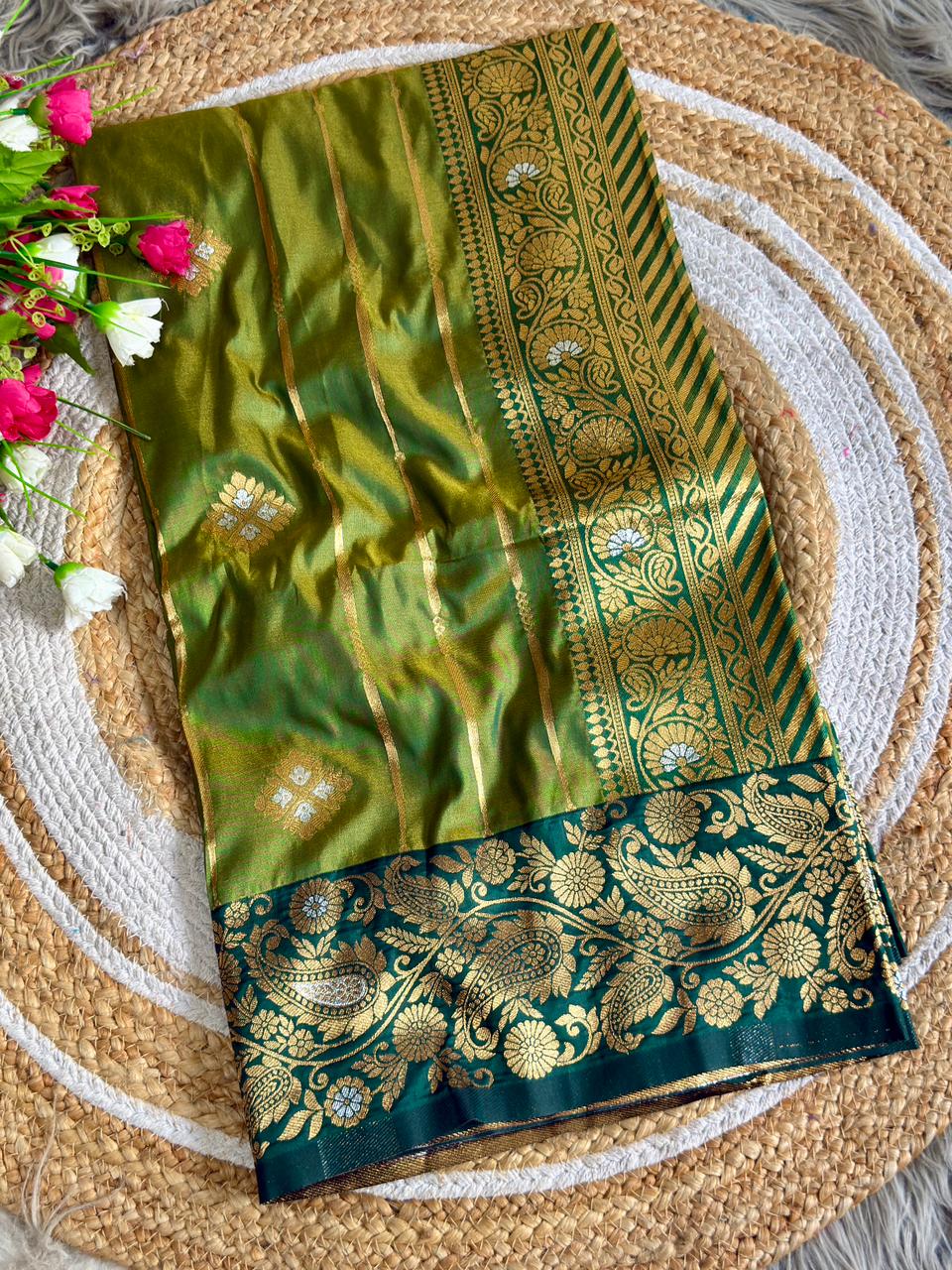 SA-5118 SOFT SILK FABRIC SAREE WITH RICH GOLD ZARI WOVEN WITH ELEGANT BUTTI WITH VERTICAL ZARI STRIPES AND HEAVY CONTRAST BLUE PAISLEY & FLORAL ZARI BORDER