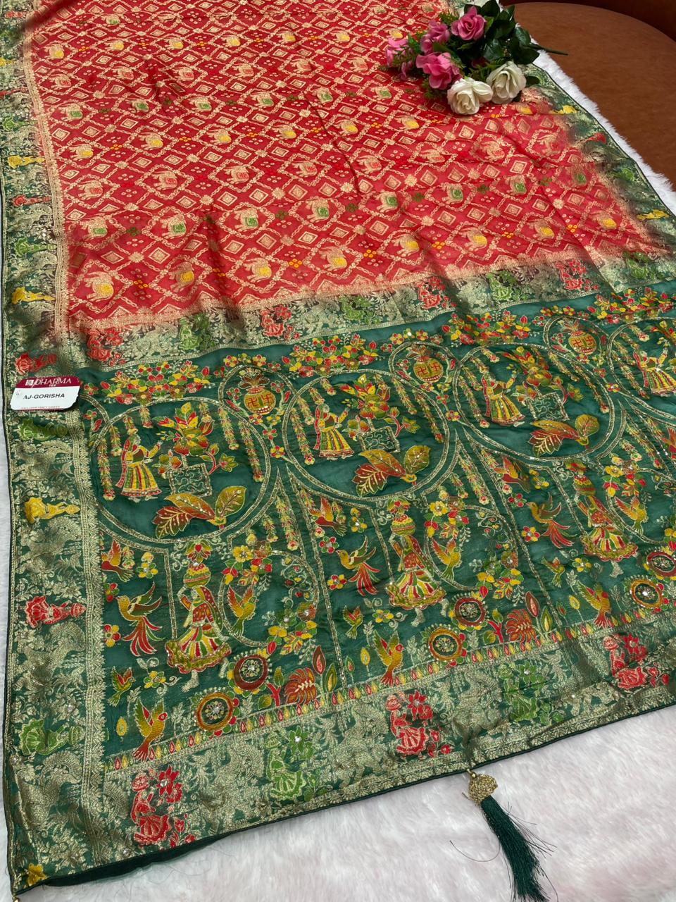 AJ-GORISHA EUROPIAN DOLA SILK FABRIC SAREE WITH RICH PALLU DESIGN WITH MEENAKARI WORK WITH PIPING AND TASSELS WITH BLOUSE