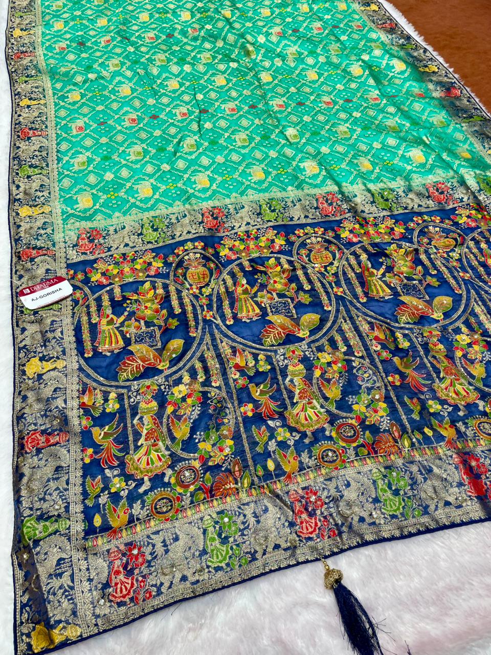 AJ-GORISHA EUROPIAN DOLA SILK FABRIC SAREE WITH RICH PALLU DESIGN WITH MEENAKARI WORK WITH PIPING AND TASSELS WITH BLOUSE