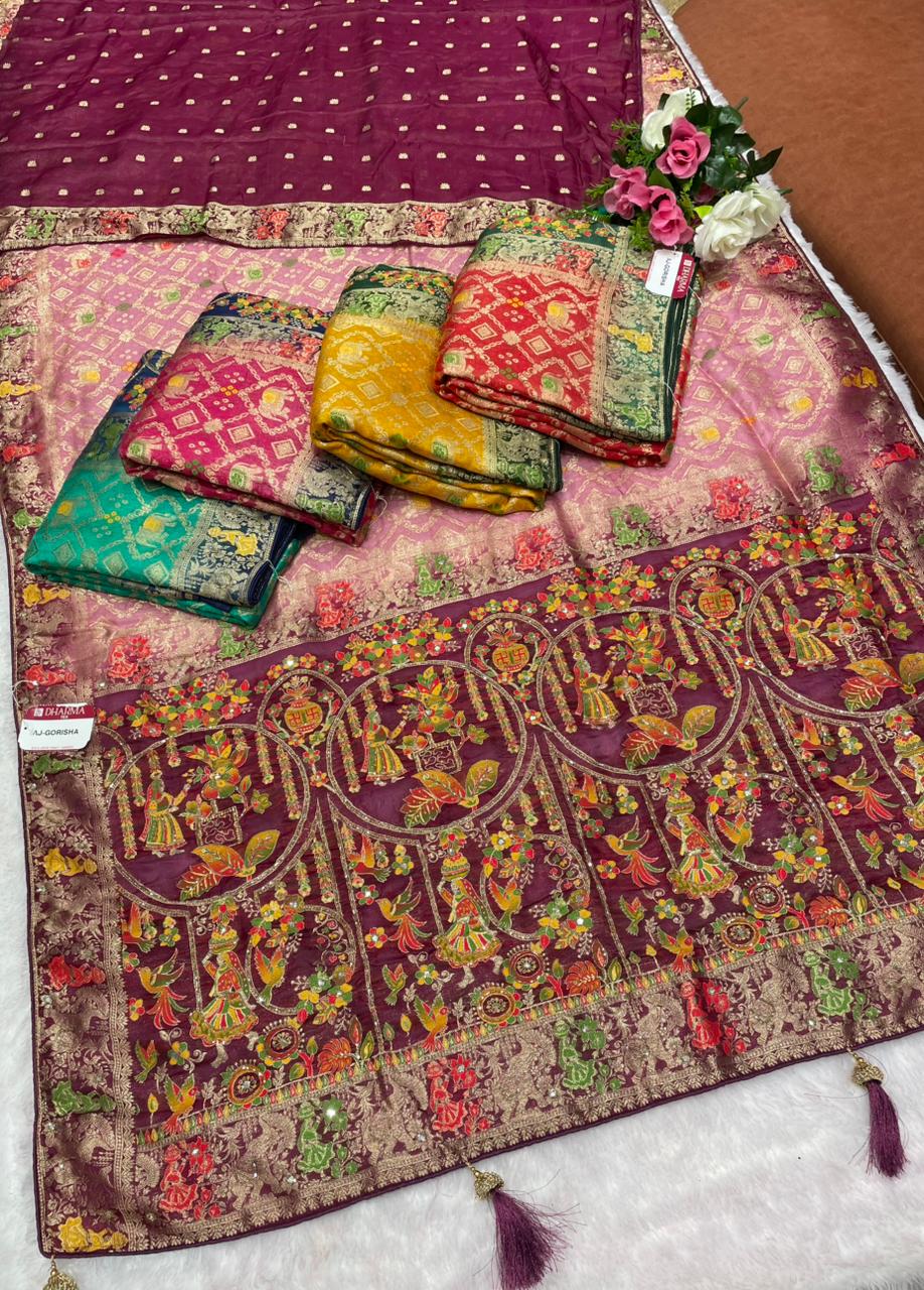 AJ-GORISHA EUROPIAN DOLA SILK FABRIC SAREE WITH RICH PALLU DESIGN WITH MEENAKARI WORK WITH PIPING AND TASSELS WITH BLOUSE