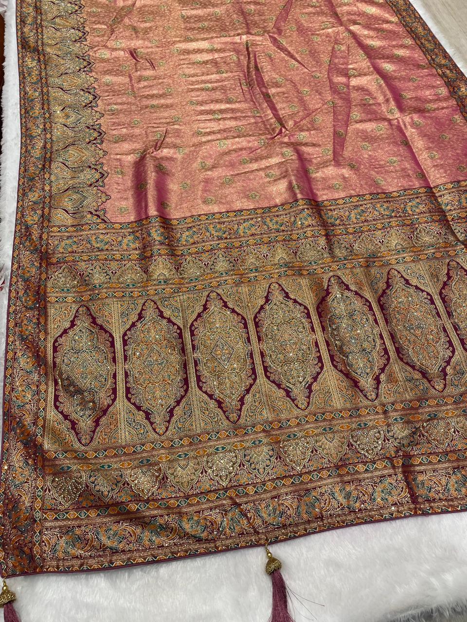 AJ-PATRIKA PREMIUM TISSUE SILK WITH POSITION STYLE WEAVING WITH HEAVY JARKAN WORK WITH CONTRAST PIPING AND LATKAN WITH BROCADE BLOUSE