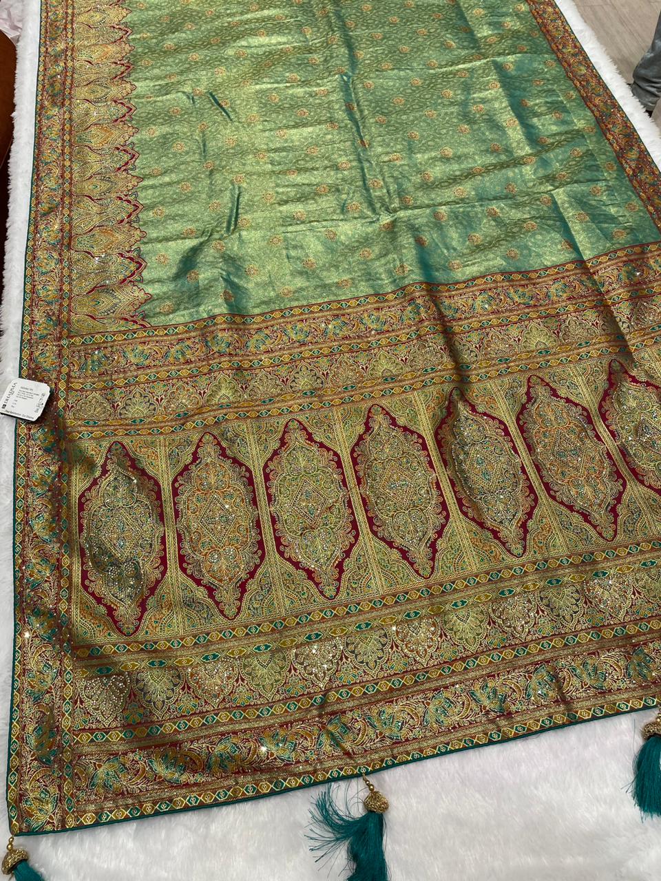 AJ-PATRIKA PREMIUM TISSUE SILK WITH POSITION STYLE WEAVING WITH HEAVY JARKAN WORK WITH CONTRAST PIPING AND LATKAN WITH BROCADE BLOUSE