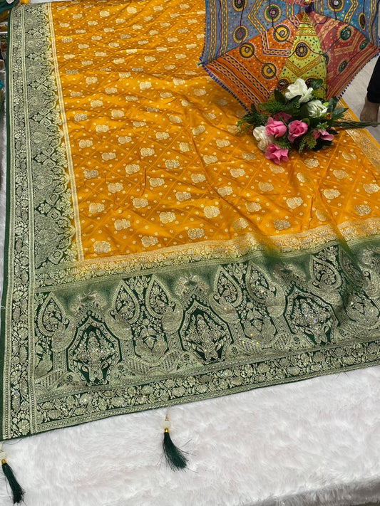 BS-PAN VILAS EUROPIEN DOLA SILK FABRIC SAREE WITH 2D DYING WITH HEAVY JARKAN WORK WITH BEAUTIFUL COLORS DESIGN 🎨 WITH PIPING & LUXCIORUS TASSELS WITH BLOUSE