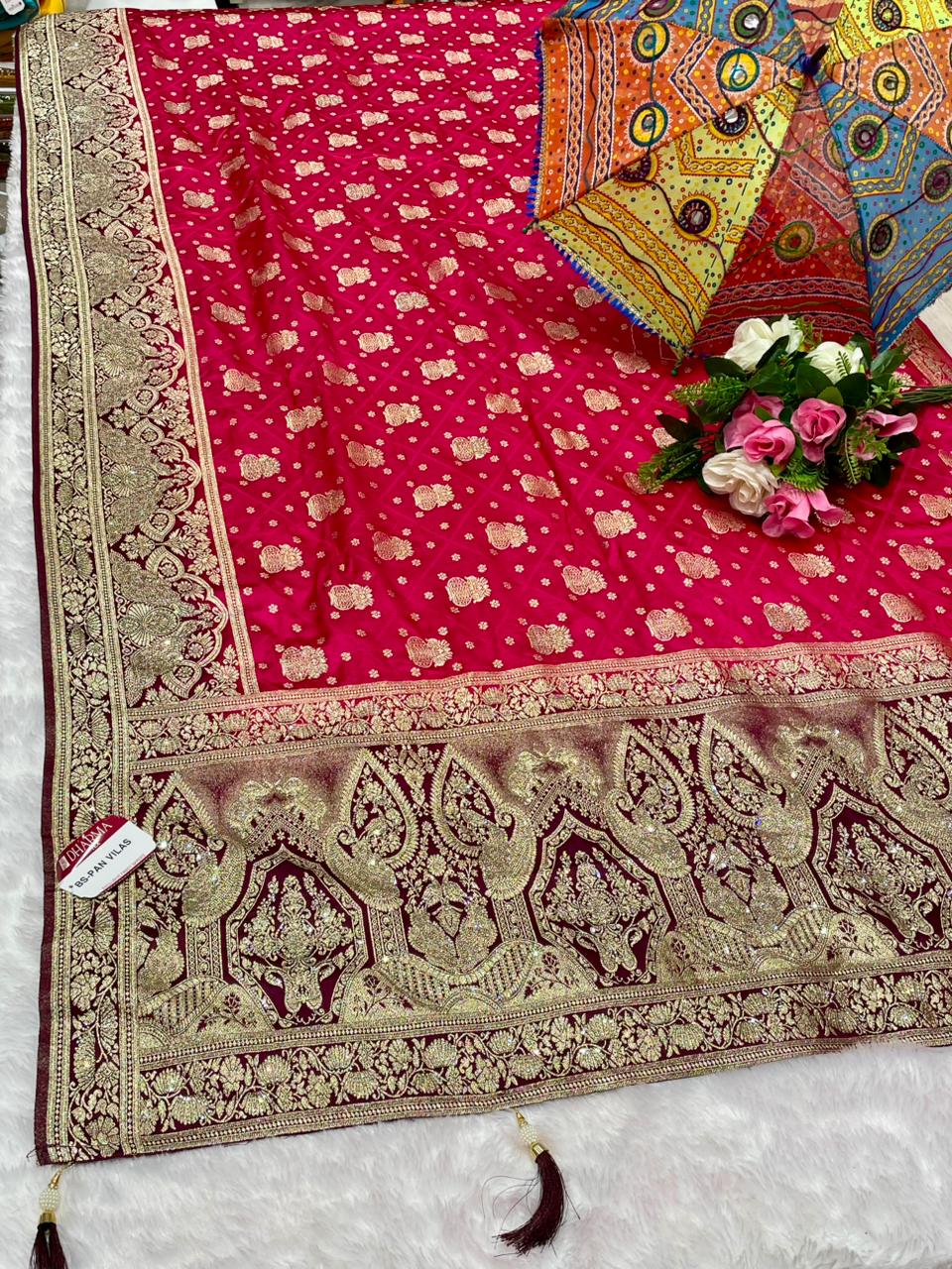 BS-PAN VILAS EUROPIEN DOLA SILK FABRIC SAREE WITH 2D DYING WITH HEAVY JARKAN WORK WITH BEAUTIFUL COLORS DESIGN 🎨 WITH PIPING & LUXCIORUS TASSELS WITH BLOUSE