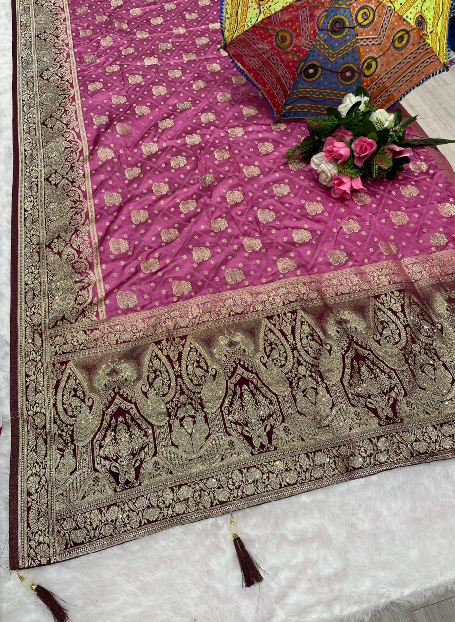 BS-PAN VILAS EUROPIEN DOLA SILK FABRIC SAREE WITH 2D DYING WITH HEAVY JARKAN WORK WITH BEAUTIFUL COLORS DESIGN 🎨 WITH PIPING & LUXCIORUS TASSELS WITH BLOUSE