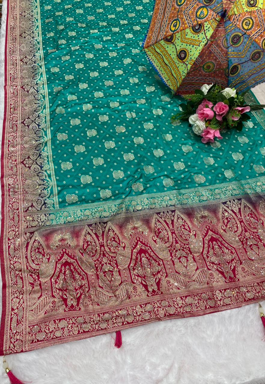 BS-PAN VILAS EUROPIEN DOLA SILK FABRIC SAREE WITH 2D DYING WITH HEAVY JARKAN WORK WITH BEAUTIFUL COLORS DESIGN 🎨 WITH PIPING & LUXCIORUS TASSELS WITH BLOUSE