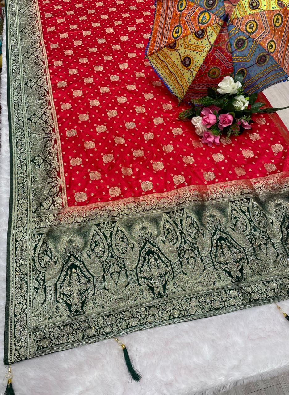 BS-PAN VILAS EUROPIEN DOLA SILK FABRIC SAREE WITH 2D DYING WITH HEAVY JARKAN WORK WITH BEAUTIFUL COLORS DESIGN 🎨 WITH PIPING & LUXCIORUS TASSELS WITH BLOUSE