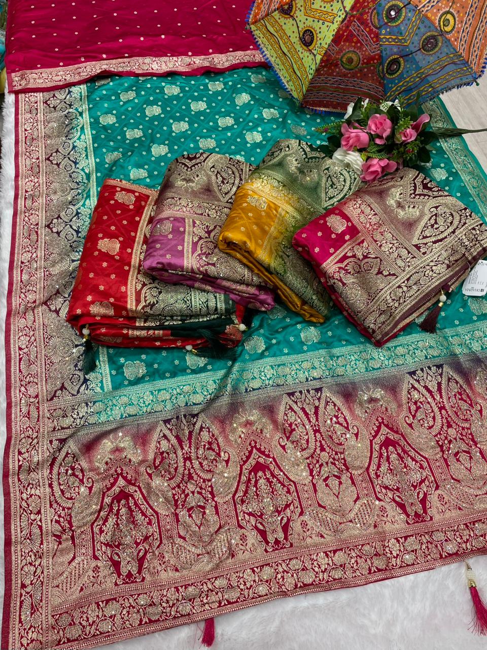 BS-PAN VILAS EUROPIEN DOLA SILK FABRIC SAREE WITH 2D DYING WITH HEAVY JARKAN WORK WITH BEAUTIFUL COLORS DESIGN 🎨 WITH PIPING & LUXCIORUS TASSELS WITH BLOUSE