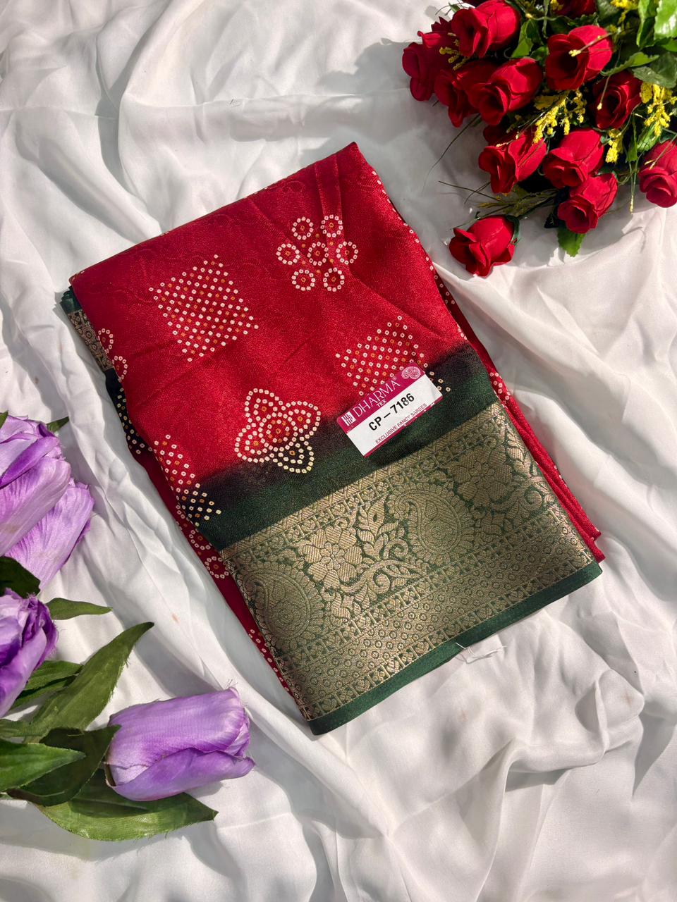CP-7186-BOX DULL MOSS FABRIC SAREE WITH RICH PALLU DESIGNWITH BEAUTIFUL PRINT ON SAREE WITH BOX PACKING
