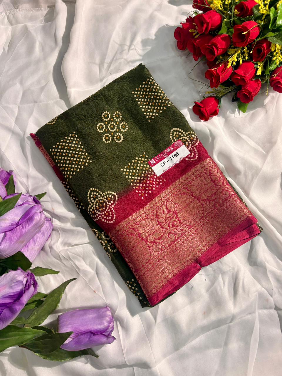 CP-7186-BOX DULL MOSS FABRIC SAREE WITH RICH PALLU DESIGNWITH BEAUTIFUL PRINT ON SAREE WITH BOX PACKING