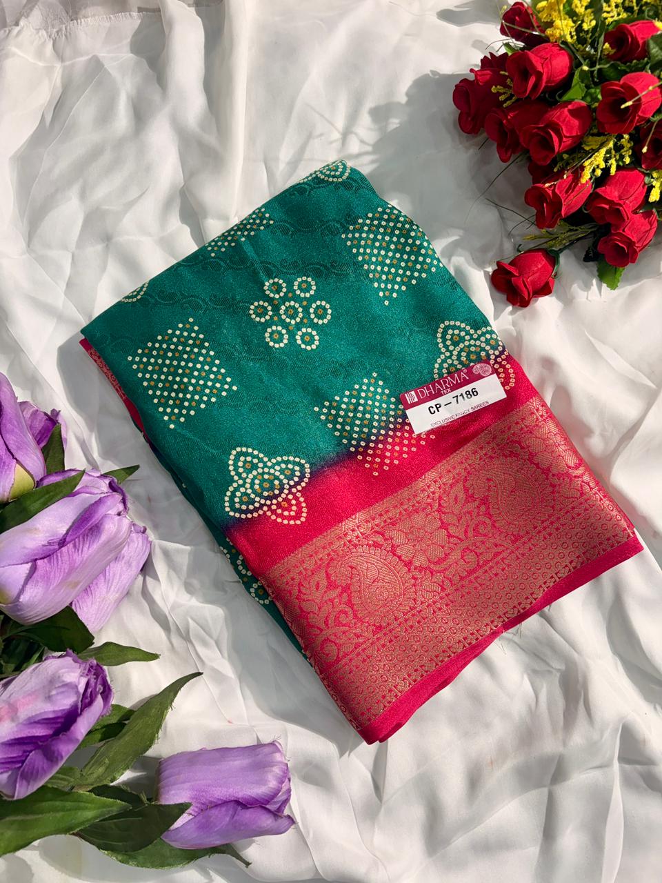 CP-7186-BOX DULL MOSS FABRIC SAREE WITH RICH PALLU DESIGNWITH BEAUTIFUL PRINT ON SAREE WITH BOX PACKING