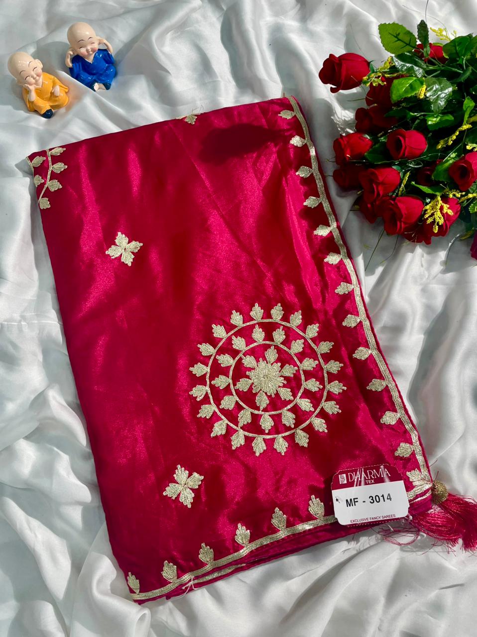 MF-3014 HO SILK FABRIC SAREE WITH BEAUTIFUL DESIGN WITH BLOUSE WITH EMBROIDERY WORK WITH BUTTA WORK ON SAREE WITH TASSELS WITH FARMA BLOUSE