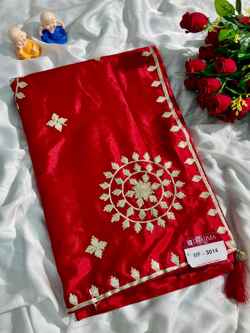 MF-3014 HO SILK FABRIC SAREE WITH BEAUTIFUL DESIGN WITH BLOUSE WITH EMBROIDERY WORK WITH BUTTA WORK ON SAREE WITH TASSELS WITH FARMA BLOUSE