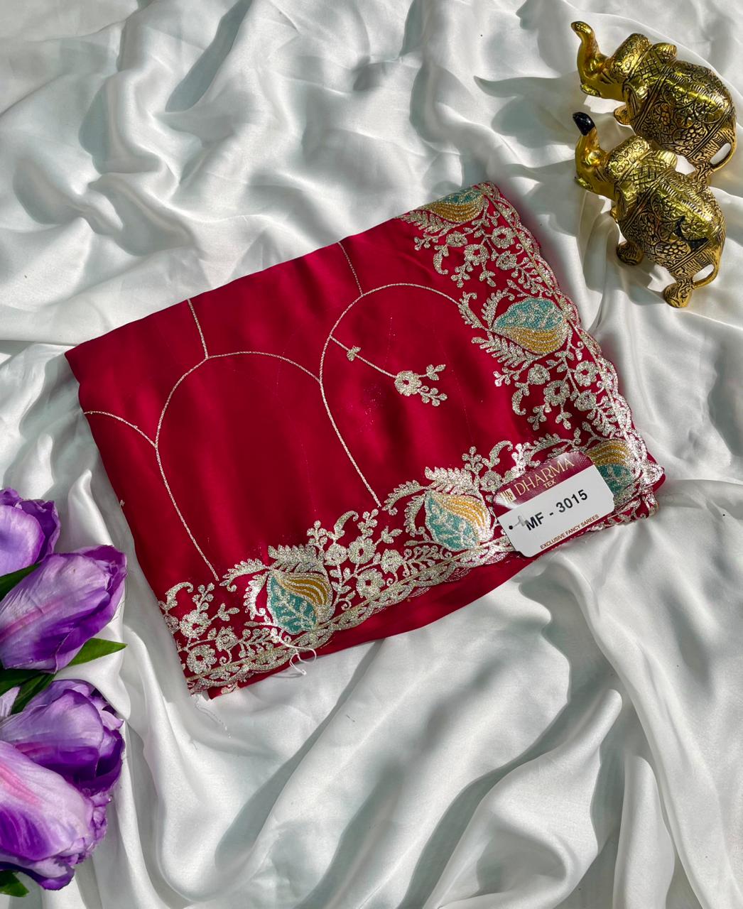 MF-3015 HO SILK FABRIC SAREE WITH HEAVY EMBROIDERY WORK WITH BEUATIFUL FLORAL DESIGN WITH CONTRAST BLOUSE