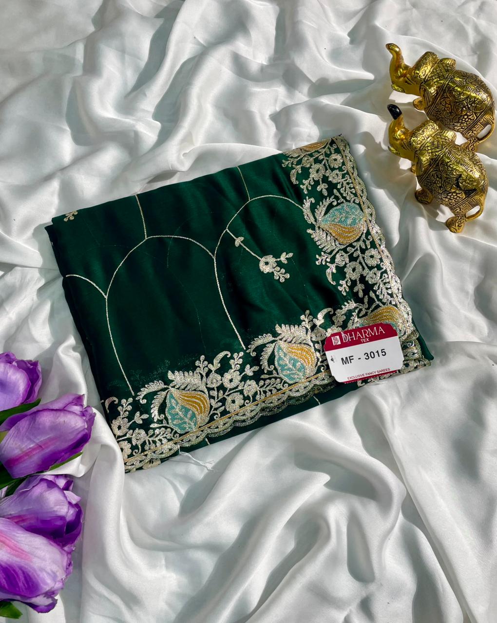 MF-3015 HO SILK FABRIC SAREE WITH HEAVY EMBROIDERY WORK WITH BEUATIFUL FLORAL DESIGN WITH CONTRAST BLOUSE