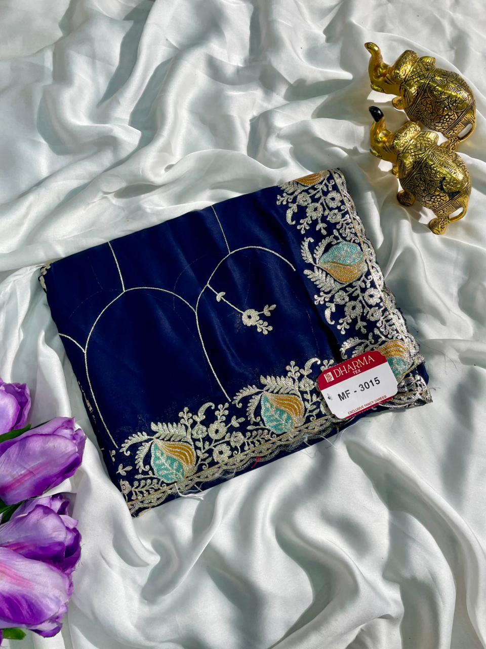 MF-3015 HO SILK FABRIC SAREE WITH HEAVY EMBROIDERY WORK WITH BEUATIFUL FLORAL DESIGN WITH CONTRAST BLOUSE