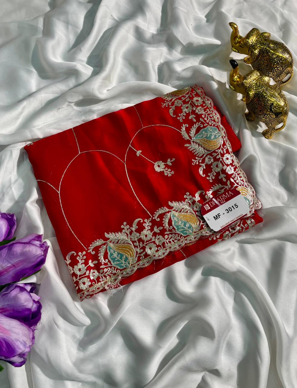 MF-3015 HO SILK FABRIC SAREE WITH HEAVY EMBROIDERY WORK WITH BEUATIFUL FLORAL DESIGN WITH CONTRAST BLOUSE