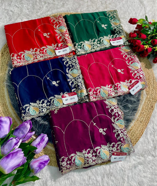 MF-3015 HO SILK FABRIC SAREE WITH HEAVY EMBROIDERY WORK WITH BEUATIFUL FLORAL DESIGN WITH CONTRAST BLOUSE