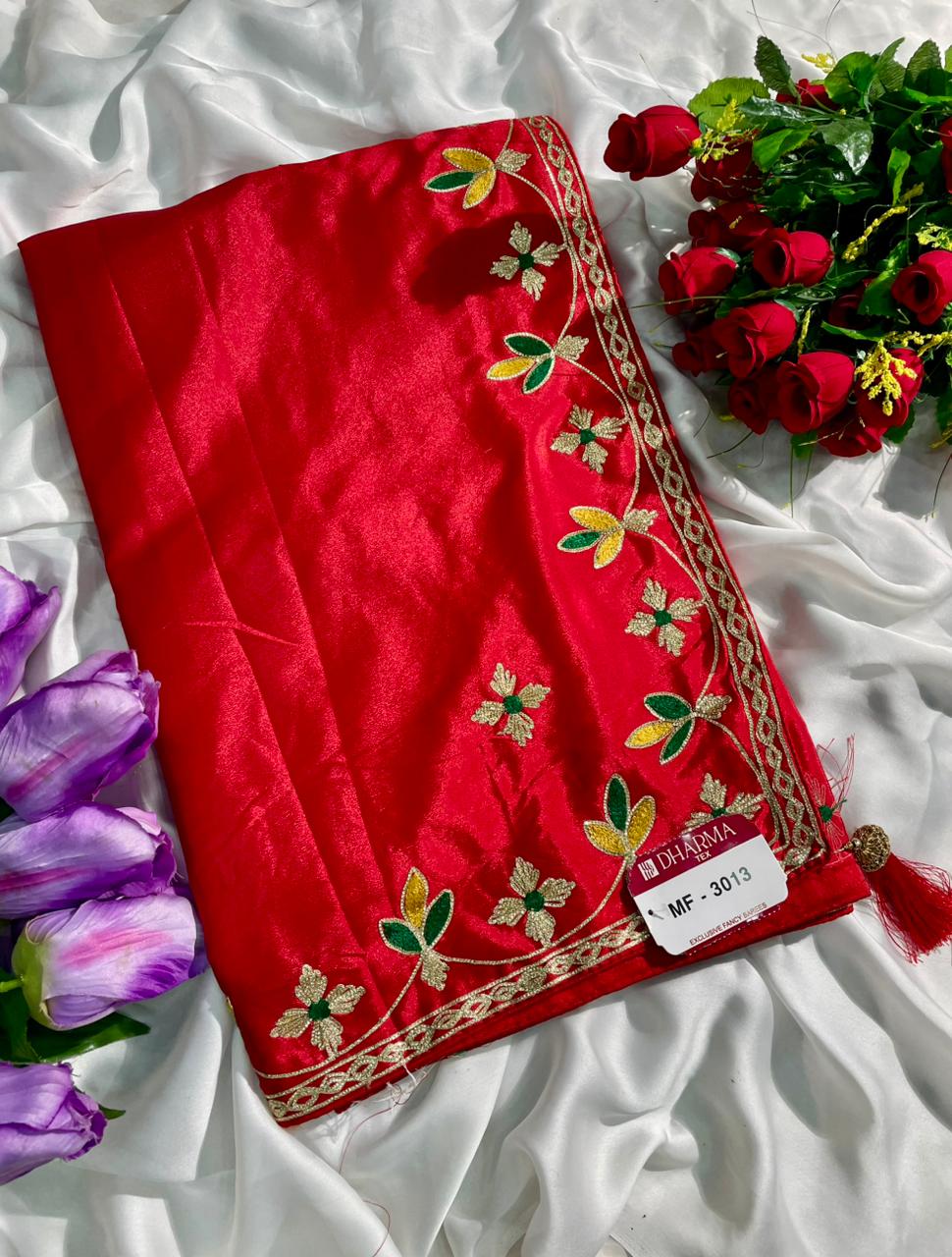 MF-3013 HO SILK FABRIC SAREE WITH EMBROIDERY WORK WITH BEAUTIFUL FLORAL DESIGN WITH TASSELS WITH BLOUSE