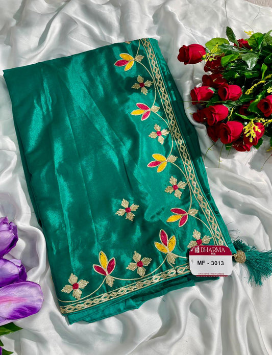 MF-3013 HO SILK FABRIC SAREE WITH EMBROIDERY WORK WITH BEAUTIFUL FLORAL DESIGN WITH TASSELS WITH BLOUSE