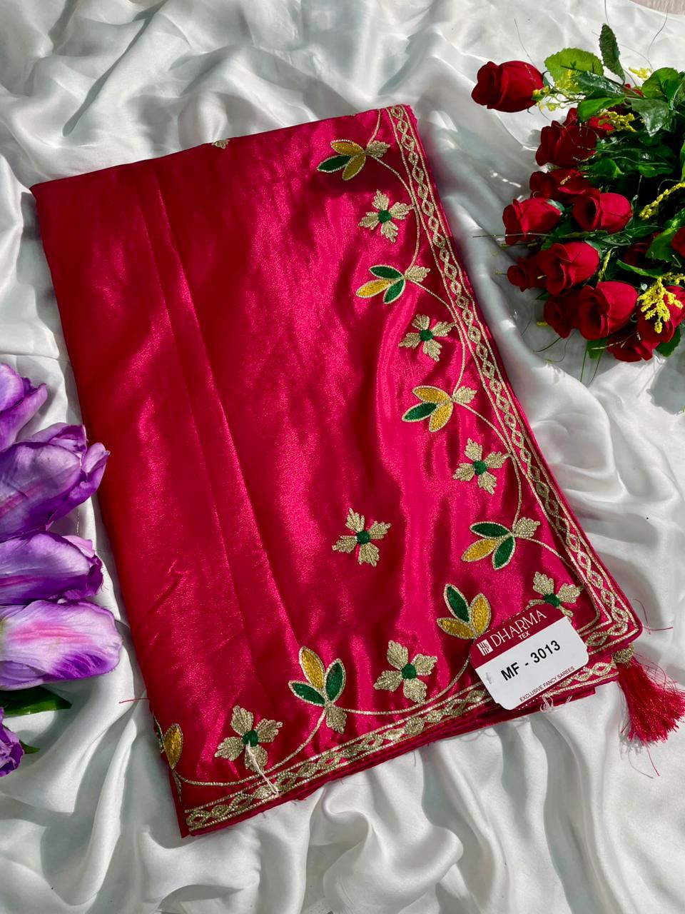 MF-3013 HO SILK FABRIC SAREE WITH EMBROIDERY WORK WITH BEAUTIFUL FLORAL DESIGN WITH TASSELS WITH BLOUSE