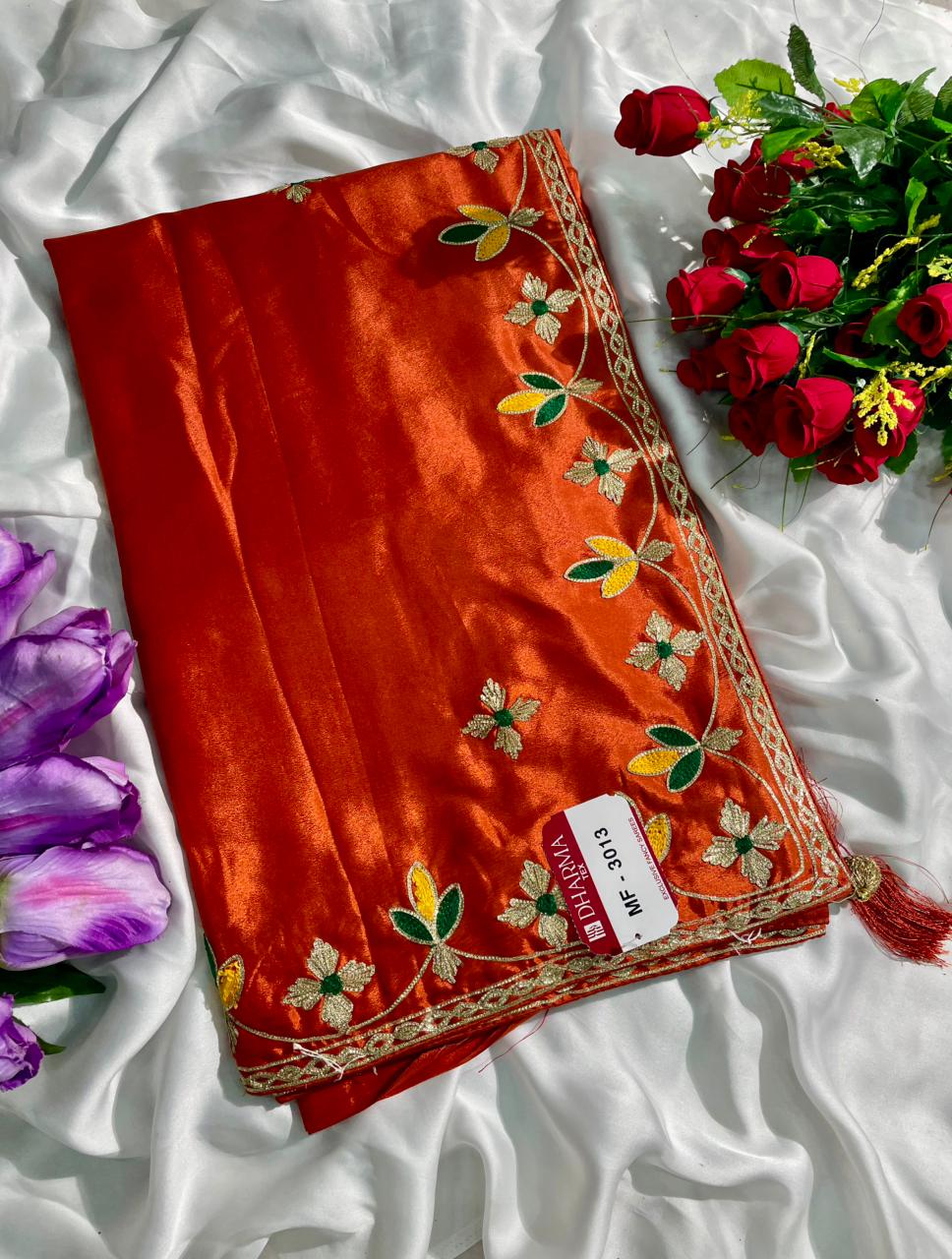 MF-3013 HO SILK FABRIC SAREE WITH EMBROIDERY WORK WITH BEAUTIFUL FLORAL DESIGN WITH TASSELS WITH BLOUSE