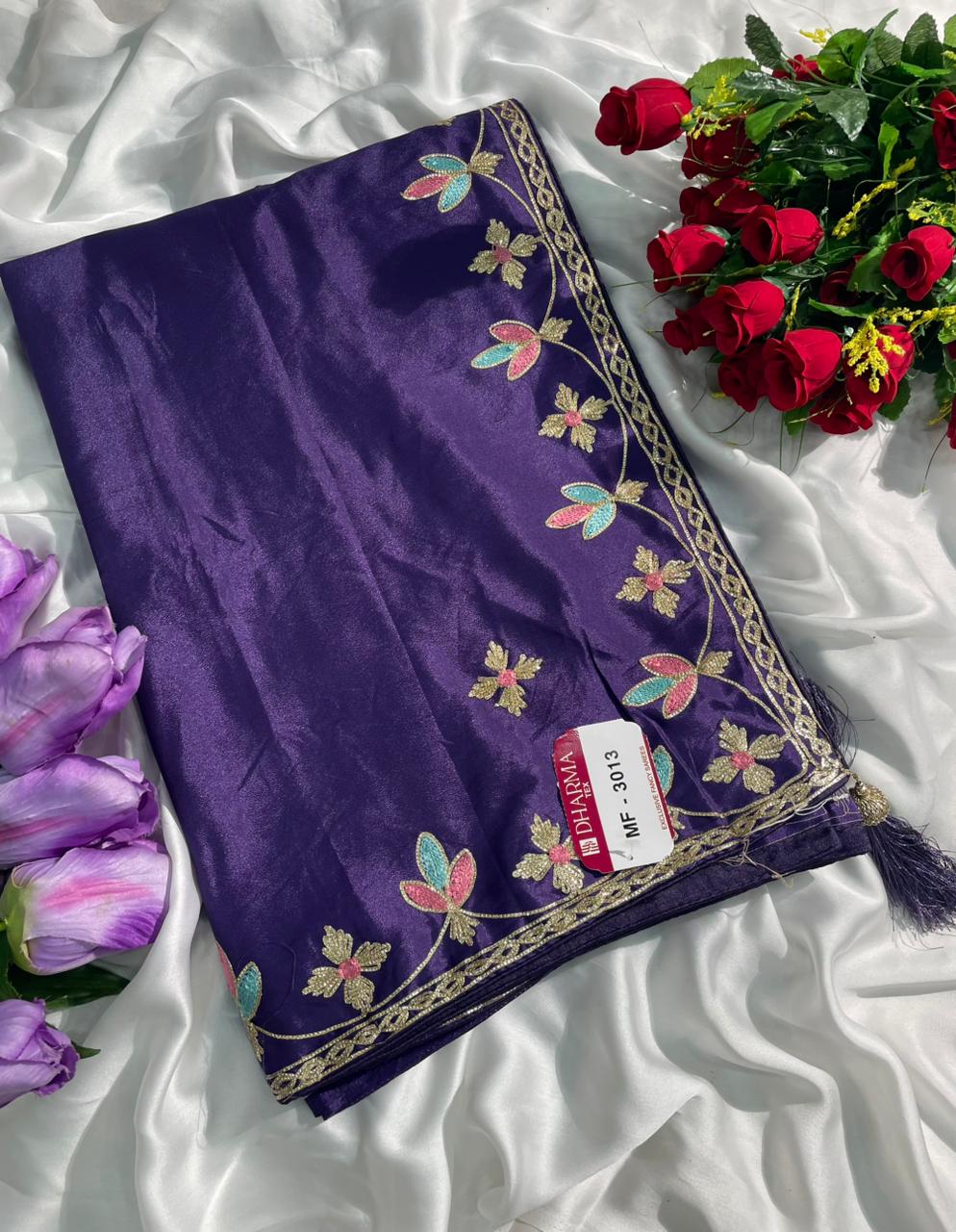 MF-3013 HO SILK FABRIC SAREE WITH EMBROIDERY WORK WITH BEAUTIFUL FLORAL DESIGN WITH TASSELS WITH BLOUSE