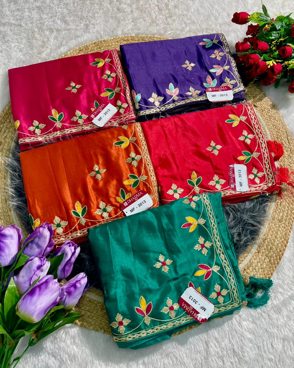 MF-3013 HO SILK FABRIC SAREE WITH EMBROIDERY WORK WITH BEAUTIFUL FLORAL DESIGN WITH TASSELS WITH BLOUSE