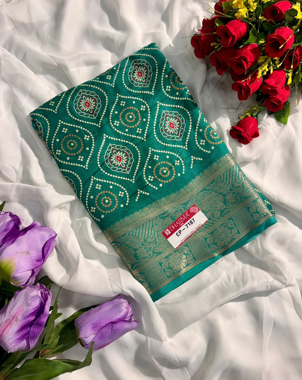 CP-7187-BOX DULL MOSS FABRIC SAREE WITH RICH PALLU DESIGNWITH BEAUTIFUL PRINT ON SAREE WITH BOX PACKING