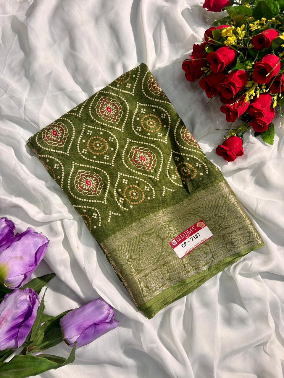 CP-7187-BOX DULL MOSS FABRIC SAREE WITH RICH PALLU DESIGNWITH BEAUTIFUL PRINT ON SAREE WITH BOX PACKING