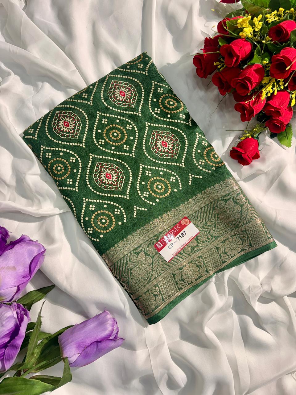 CP-7187-BOX DULL MOSS FABRIC SAREE WITH RICH PALLU DESIGNWITH BEAUTIFUL PRINT ON SAREE WITH BOX PACKING