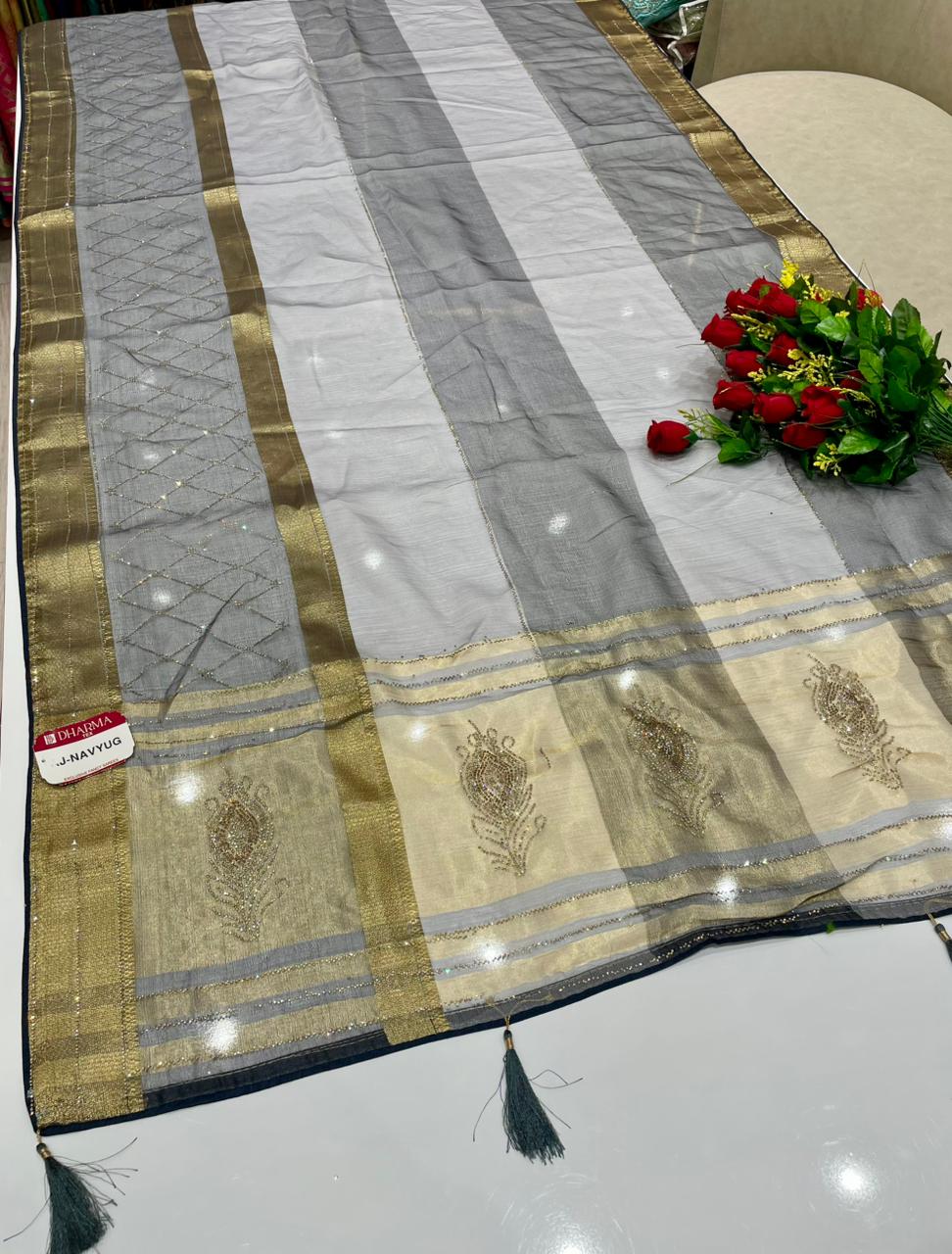 AJ-NAVYUG FANCY FABRIC SAREE WITH BEAUTIFUL DESIGN WITH HEAVY DMC SIROSKI WORK ON SAREE WITH PIPING AND LATKAN WITH BLOUSE
