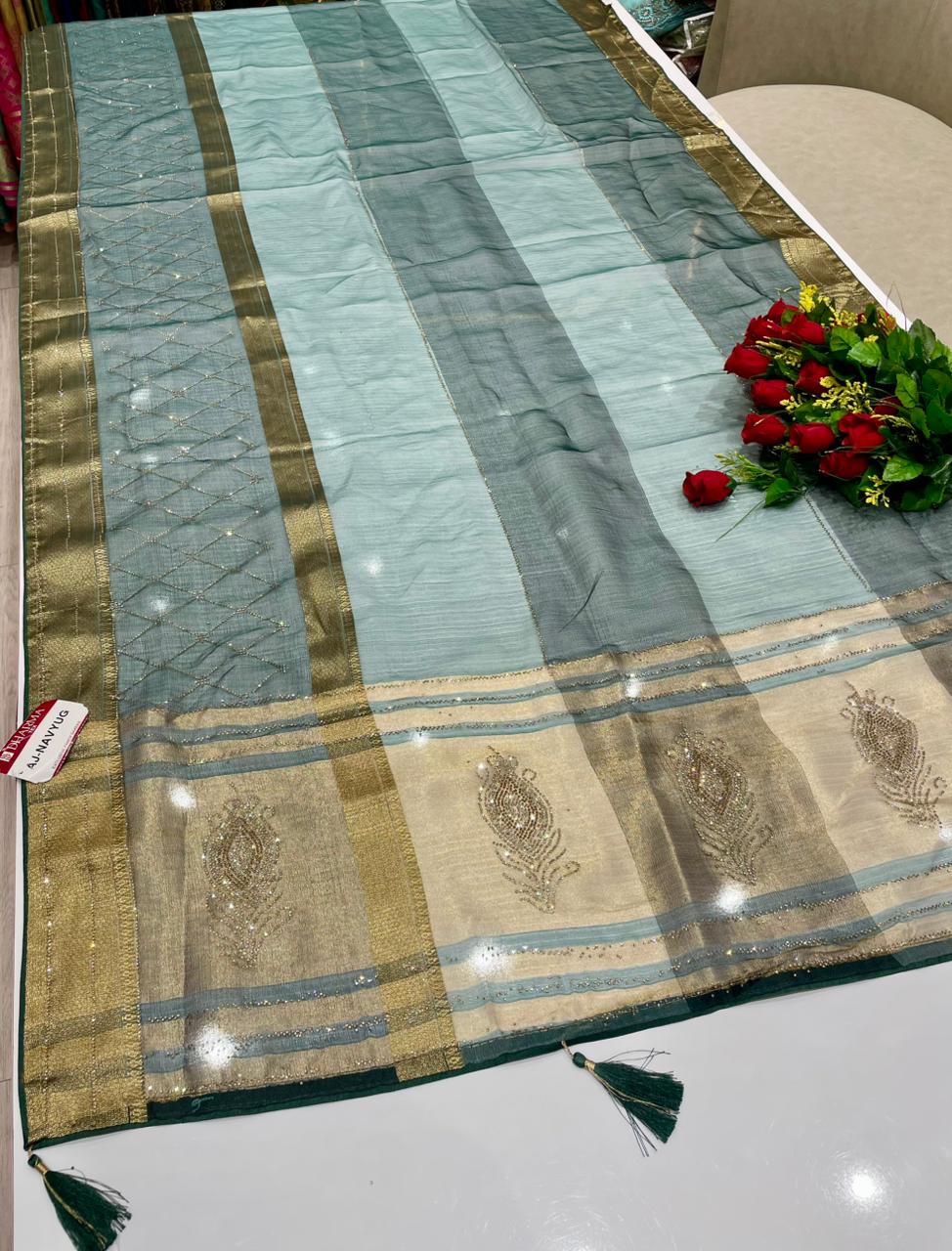 AJ-NAVYUG FANCY FABRIC SAREE WITH BEAUTIFUL DESIGN WITH HEAVY DMC SIROSKI WORK ON SAREE WITH PIPING AND LATKAN WITH BLOUSE