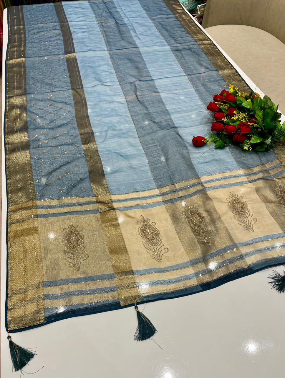 AJ-NAVYUG FANCY FABRIC SAREE WITH BEAUTIFUL DESIGN WITH HEAVY DMC SIROSKI WORK ON SAREE WITH PIPING AND LATKAN WITH BLOUSE