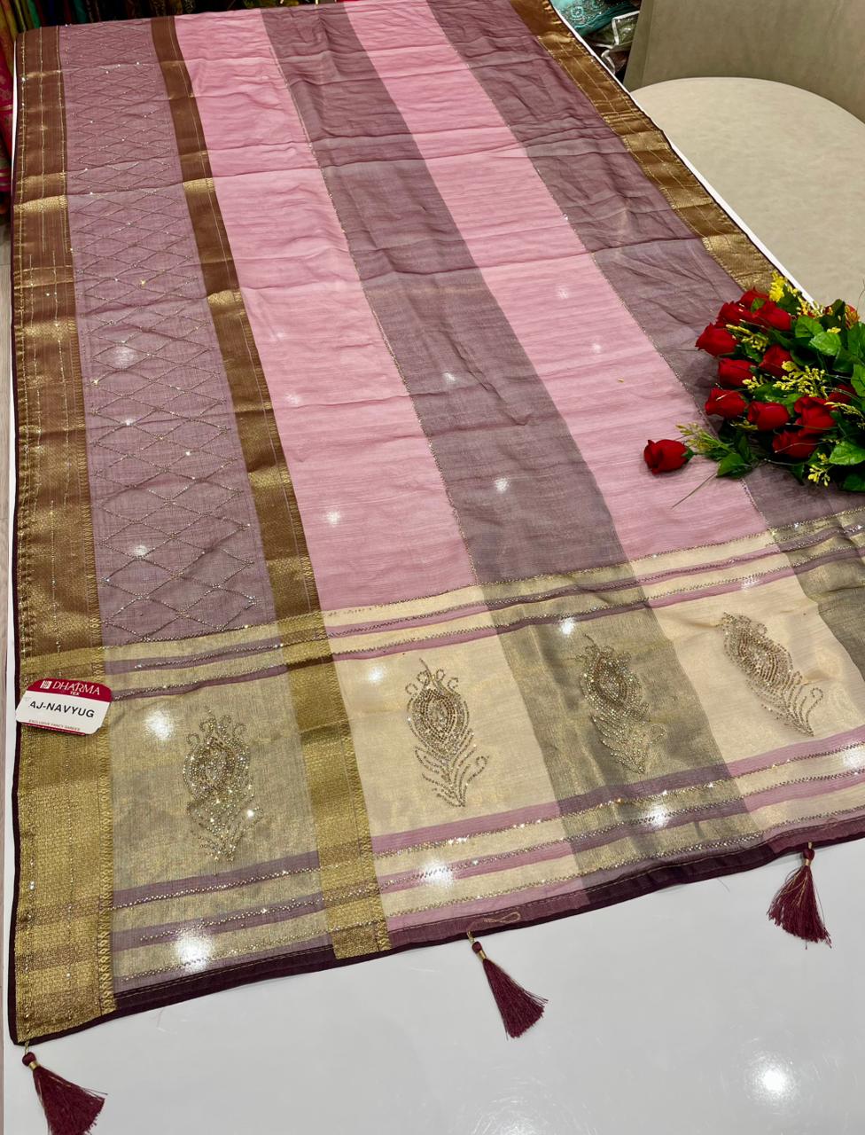 AJ-NAVYUG FANCY FABRIC SAREE WITH BEAUTIFUL DESIGN WITH HEAVY DMC SIROSKI WORK ON SAREE WITH PIPING AND LATKAN WITH BLOUSE