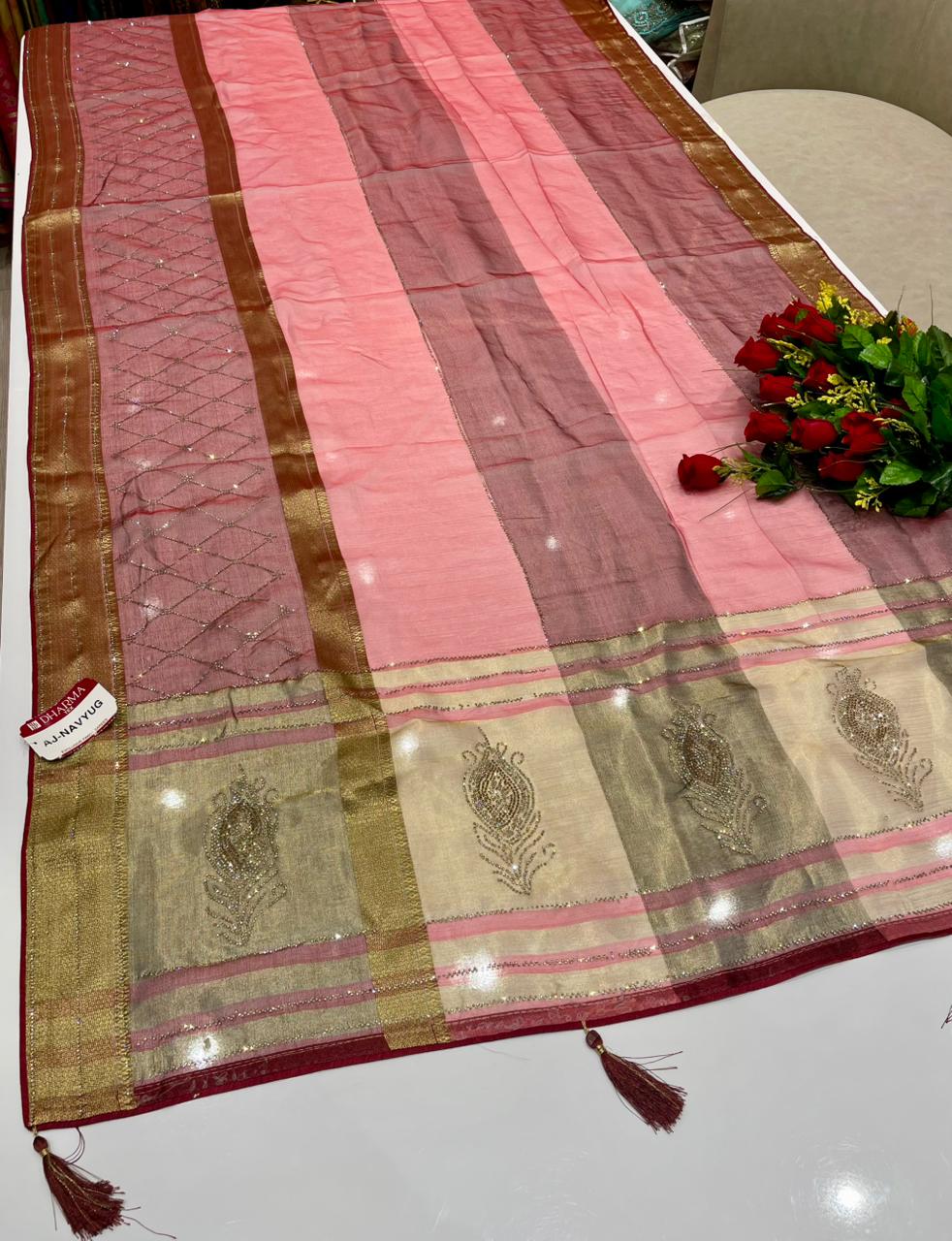 AJ-NAVYUG FANCY FABRIC SAREE WITH BEAUTIFUL DESIGN WITH HEAVY DMC SIROSKI WORK ON SAREE WITH PIPING AND LATKAN WITH BLOUSE