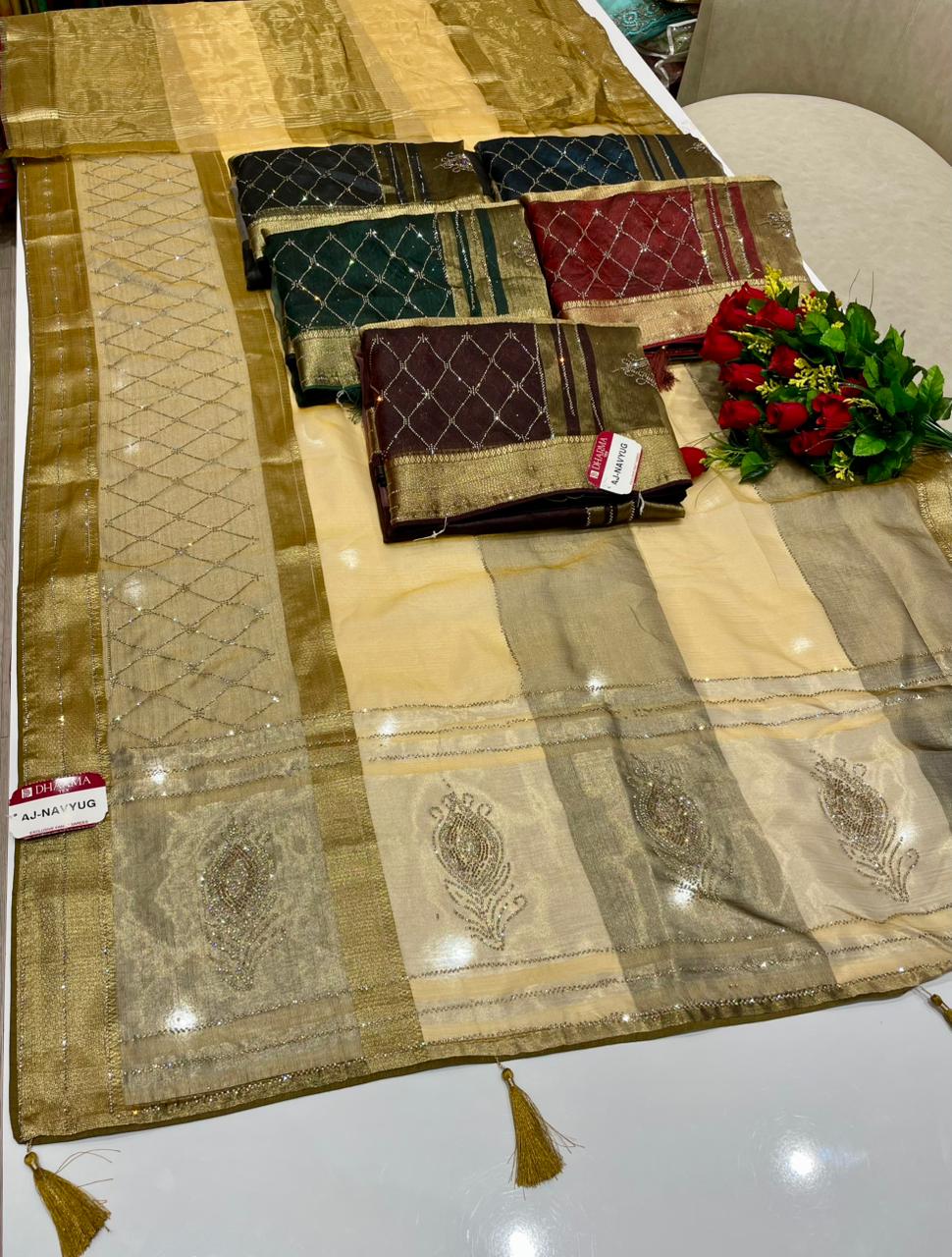 AJ-NAVYUG FANCY FABRIC SAREE WITH BEAUTIFUL DESIGN WITH HEAVY DMC SIROSKI WORK ON SAREE WITH PIPING AND LATKAN WITH BLOUSE
