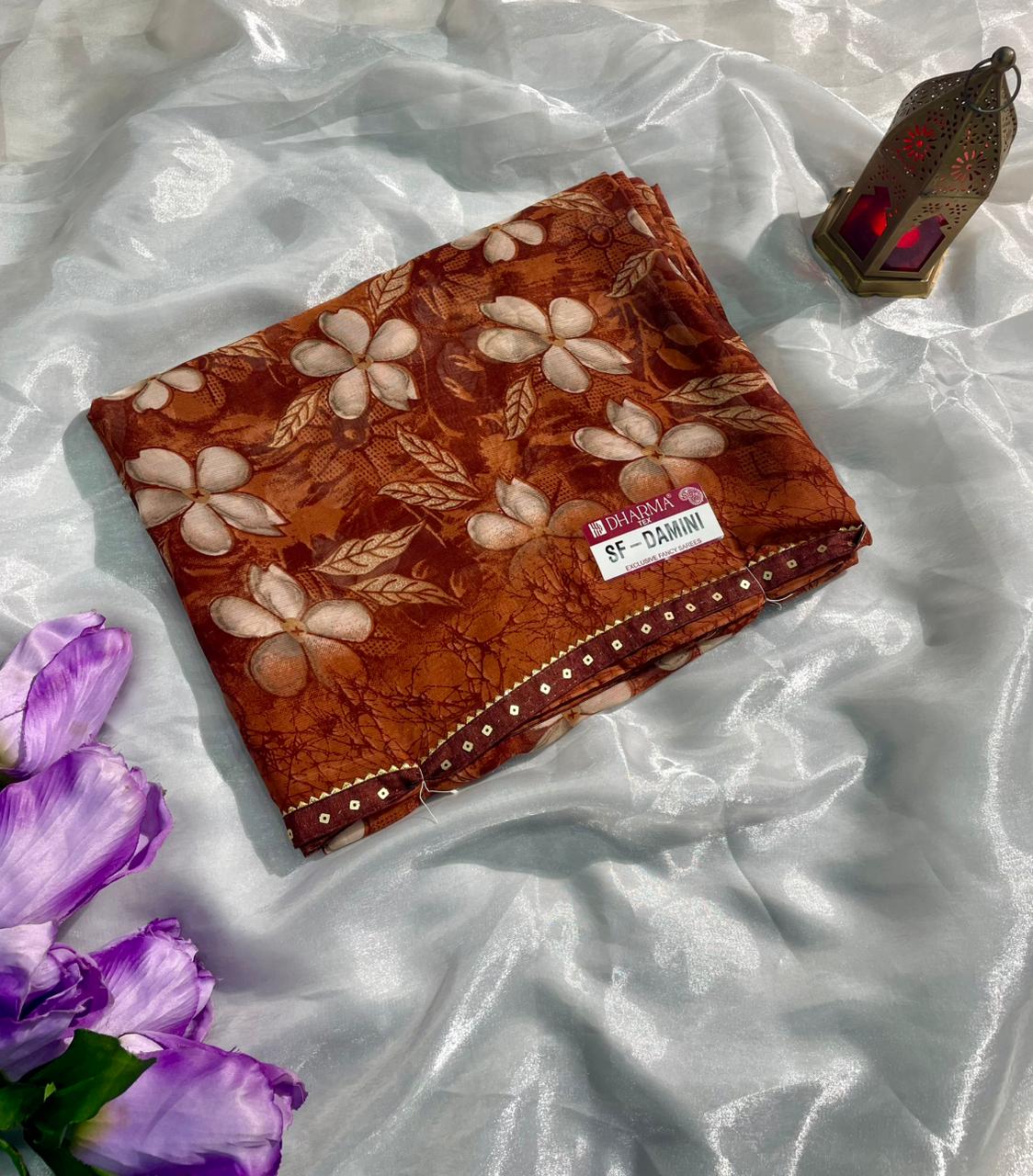 SF-DAMINI SEMI WEIGHTLESS FABRIC SAREE WITH BEAUTIFUL FLORAL PRINT ALL OVER ON SAREE WITH SEQUENCE WORK BORDER WITH BLOUSE