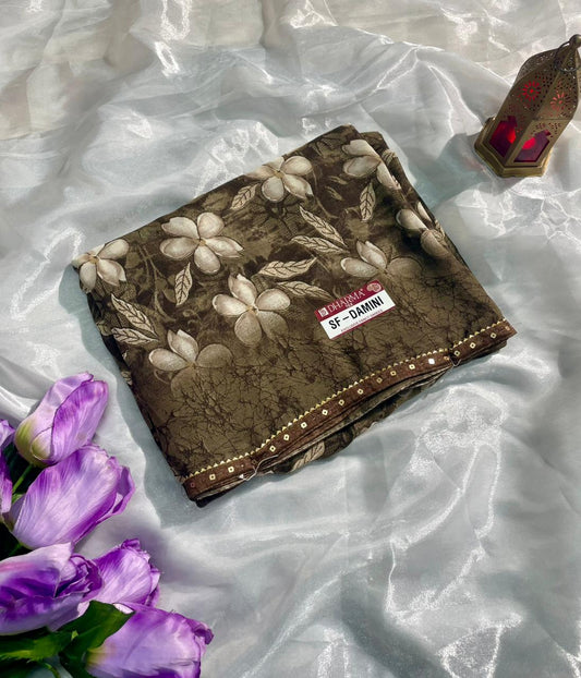 SF-DAMINI SEMI WEIGHTLESS FABRIC SAREE WITH BEAUTIFUL FLORAL PRINT ALL OVER ON SAREE WITH SEQUENCE WORK BORDER WITH BLOUSE