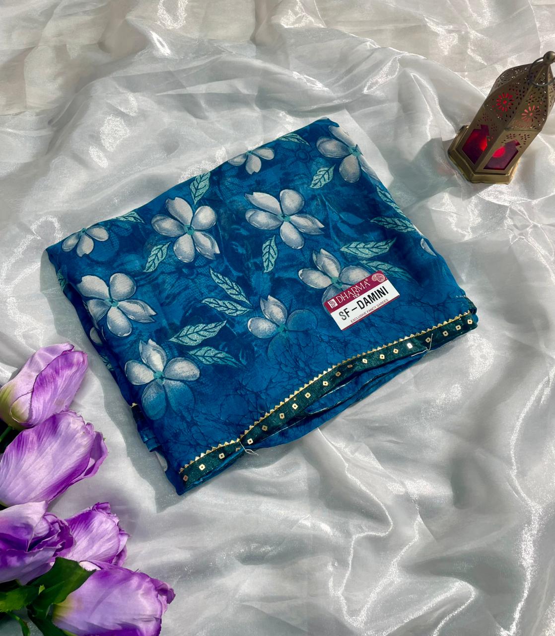 SF-DAMINI SEMI WEIGHTLESS FABRIC SAREE WITH BEAUTIFUL FLORAL PRINT ALL OVER ON SAREE WITH SEQUENCE WORK BORDER WITH BLOUSE