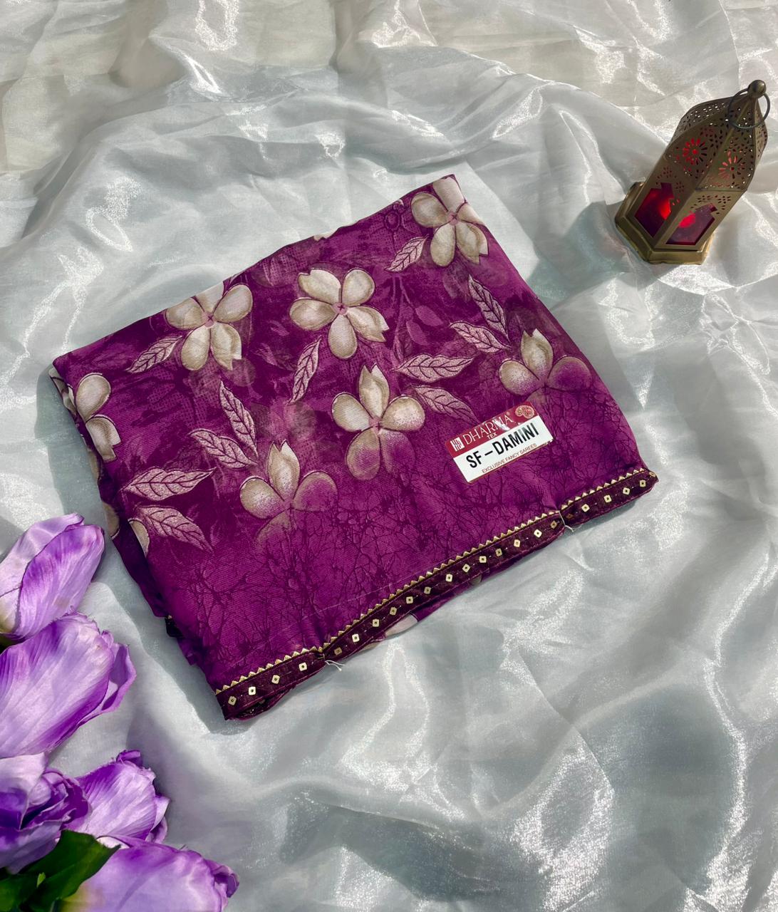 SF-DAMINI SEMI WEIGHTLESS FABRIC SAREE WITH BEAUTIFUL FLORAL PRINT ALL OVER ON SAREE WITH SEQUENCE WORK BORDER WITH BLOUSE