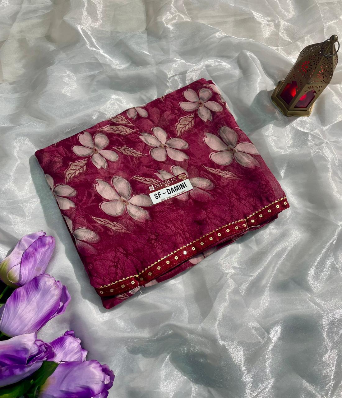SF-DAMINI SEMI WEIGHTLESS FABRIC SAREE WITH BEAUTIFUL FLORAL PRINT ALL OVER ON SAREE WITH SEQUENCE WORK BORDER WITH BLOUSE