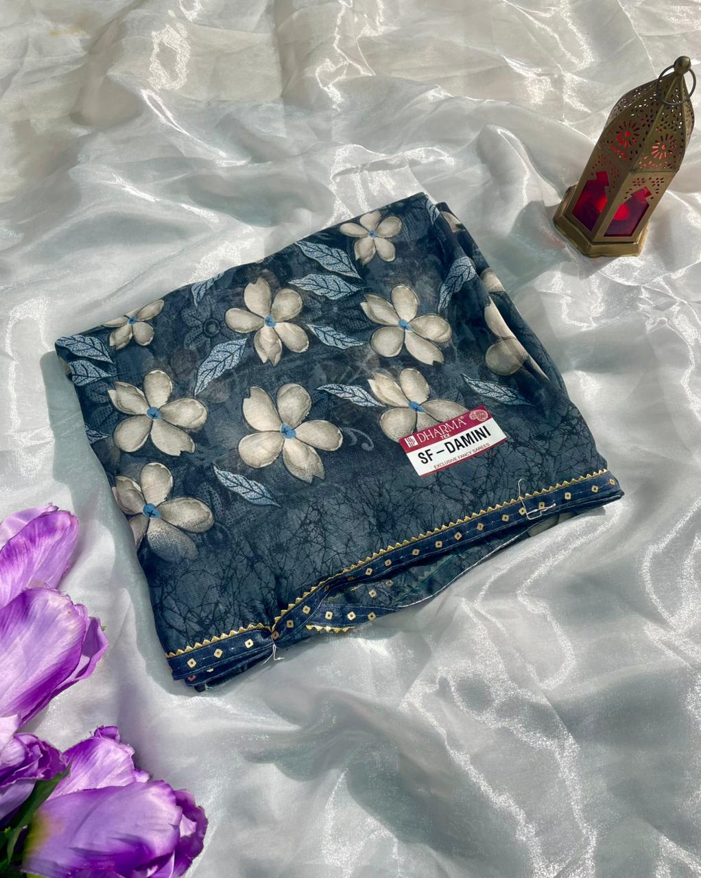 SF-DAMINI SEMI WEIGHTLESS FABRIC SAREE WITH BEAUTIFUL FLORAL PRINT ALL OVER ON SAREE WITH SEQUENCE WORK BORDER WITH BLOUSE